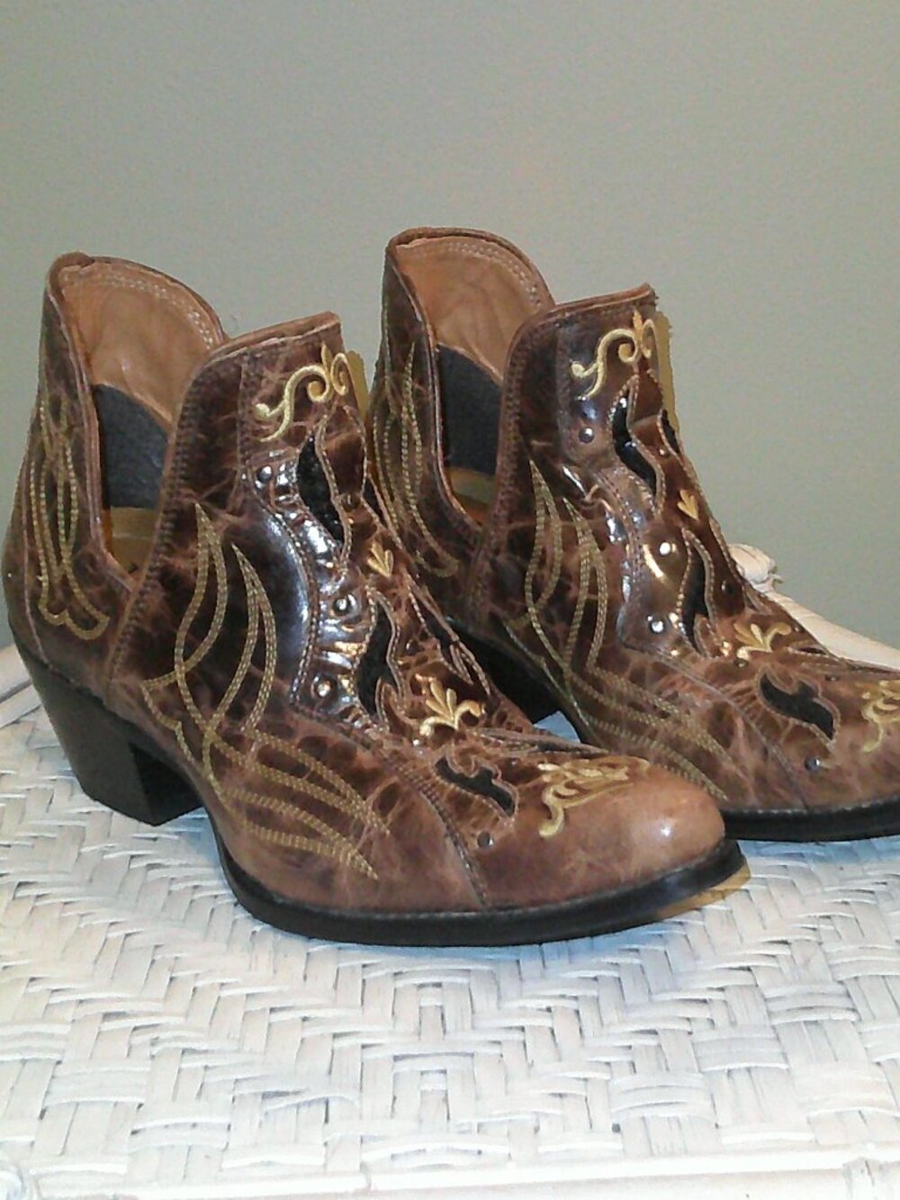 Myra Brown Leather Stitched Boots Ankle, Pull on